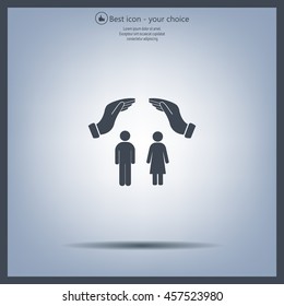 Illustration of two hands protecting or giving a female and man pictogram