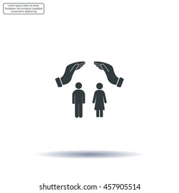 Illustration of two hands protecting or giving a female and man pictogram