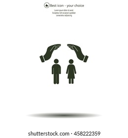 Illustration of two hands protecting or giving a female and man pictogram