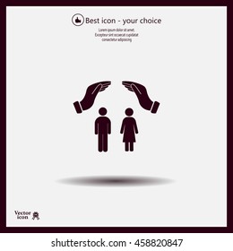 Illustration of two hands protecting or giving a female and man pictogram