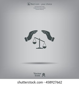 Illustration of two hands protecting or giving an unbalanced weight scale