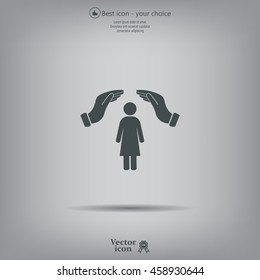 Illustration of two hands protecting or giving a female pictogram