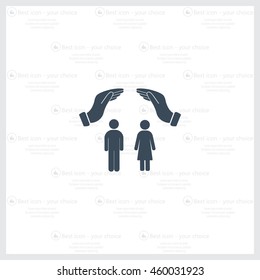 Illustration of two hands protecting or giving a female and man pictogram