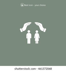 Illustration of two hands protecting or giving a female and man pictogram