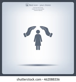 Illustration of two hands protecting or giving a female pictogram