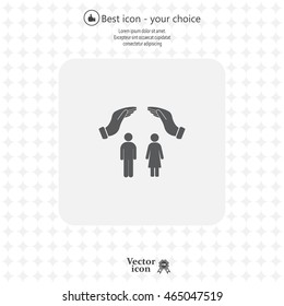 Illustration of two hands protecting or giving a female and man pictogram