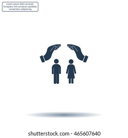Illustration of two hands protecting or giving a female and man pictogram