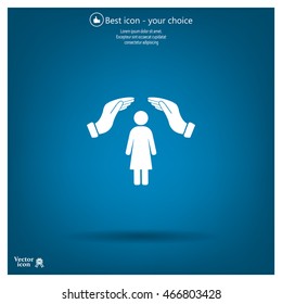 Illustration of two hands protecting or giving a female pictogram