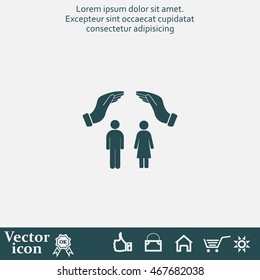 Illustration of two hands protecting or giving a female and man pictogram