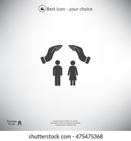 Illustration of two hands protecting or giving a female and man pictogram