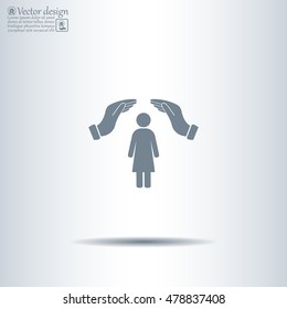 Illustration of two hands protecting or giving a female pictogram