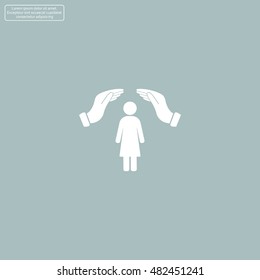 Illustration of two hands protecting or giving a female pictogram