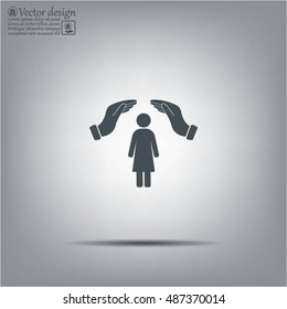 Illustration of two hands protecting or giving a female pictogram