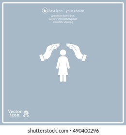 Illustration of two hands protecting or giving a female pictogram
