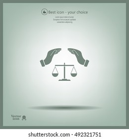 Illustration of two hands protecting or giving an unbalanced weight scale