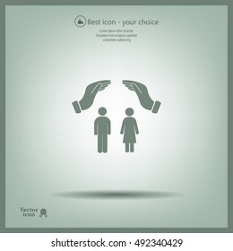 Illustration of two hands protecting or giving a female and man pictogram