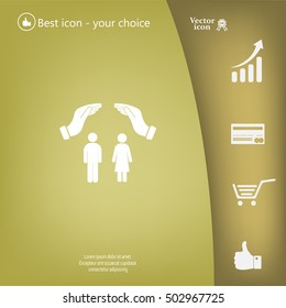 Illustration of two hands protecting or giving a female and man pictogram