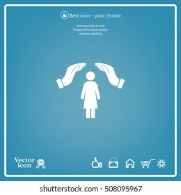 Illustration of two hands protecting or giving a female pictogram