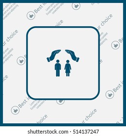 Illustration of two hands protecting or giving a female and man pictogram