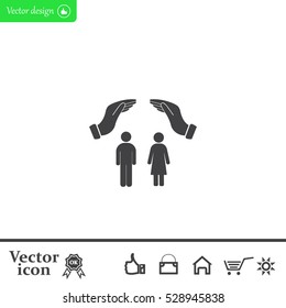 Illustration of two hands protecting or giving a female and man pictogram