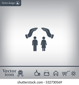 Illustration of two hands protecting or giving a female and man pictogram