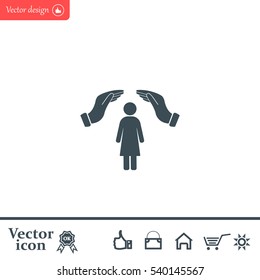 Illustration of two hands protecting or giving a female pictogram
