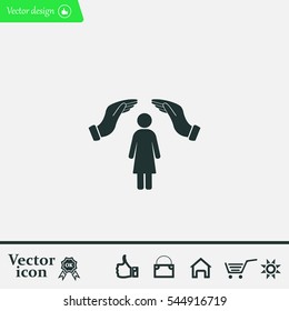 Illustration of two hands protecting or giving a female pictogram