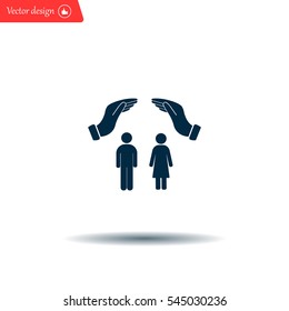 Illustration of two hands protecting or giving a female and man pictogram