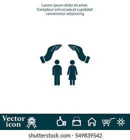 Illustration of two hands protecting or giving a female and man pictogram
