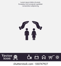 Illustration of two hands protecting or giving a female and man pictogram