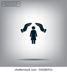 Illustration of two hands protecting or giving a female pictogram
