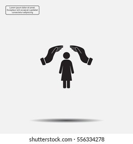 Illustration of two hands protecting or giving a female pictogram