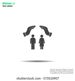 Illustration of two hands protecting or giving a female and man pictogram