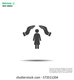 Illustration of two hands protecting or giving a female pictogram