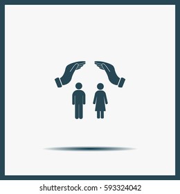 Illustration of two hands protecting or giving a female and man pictogram