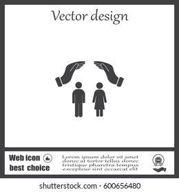 Illustration of two hands protecting or giving a female and man pictogram
