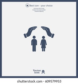 Illustration of two hands protecting or giving a female and man pictogram
