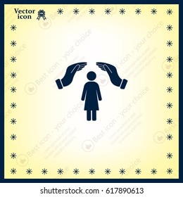 Illustration of two hands protecting or giving to a female pictogram