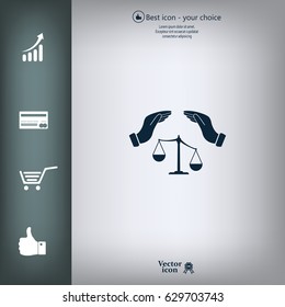 Illustration of two hands protecting or giving an unbalanced weight scale