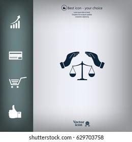 Illustration of two hands protecting or giving an unbalanced weight scale