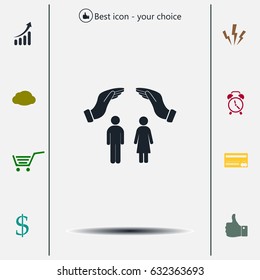 Illustration of two hands protecting or giving a female and man pictogram