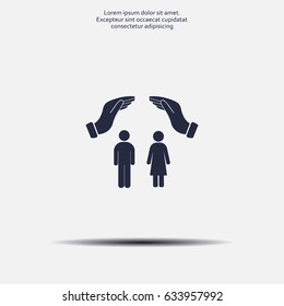 Illustration of two hands protecting or giving a female and man pictogram