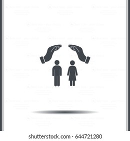 Illustration of two hands protecting or giving a female and man pictogram