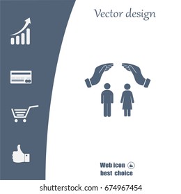 Illustration of two hands protecting or giving a female and man pictogram