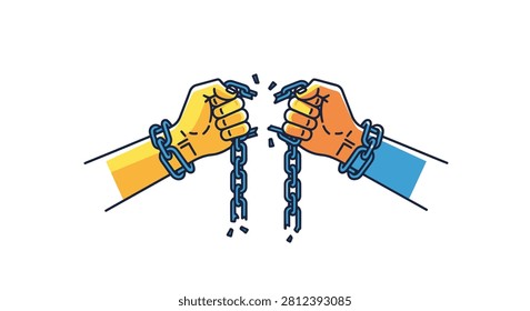 Illustration of two hands pulling apart and breaking metal chains representing freedom liberty and breaking free from oppression