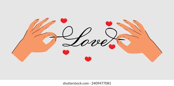 illustration of two hands pulling a string that forms the word love, world Valentine's Day, eps 10.