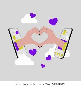 Uma ilustração de duas mãos saindo de telas separadas de smartphones para formar uma forma de coração. Este conceito simboliza namoro on-line, relacionamentos de longa distância e encontrar amor ou conexão
