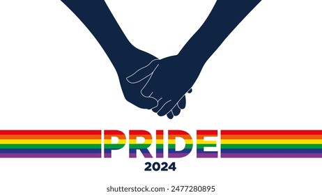 Illustration of a two hands shaking each other with Pride 2024 theme with Pride letters between the LGBTIQ+ flag and white background in high quality and resolution