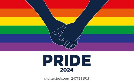 Ilustración de dos manos temblando entre sí con el tema del Orgullo 2024 con un Anuncio blanco en la parte inferior y el fondo de la bandera LGBTIQ+ en alta calidad y resolución