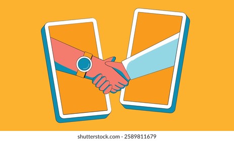 illustration of two hands shaking, each emerging from a mobile device, symbolizing digital communication, collaboration, and connection